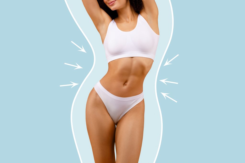 weightloss concept. slim black woman in underwear with drawn silhouette of her ex figure, blue background, collage